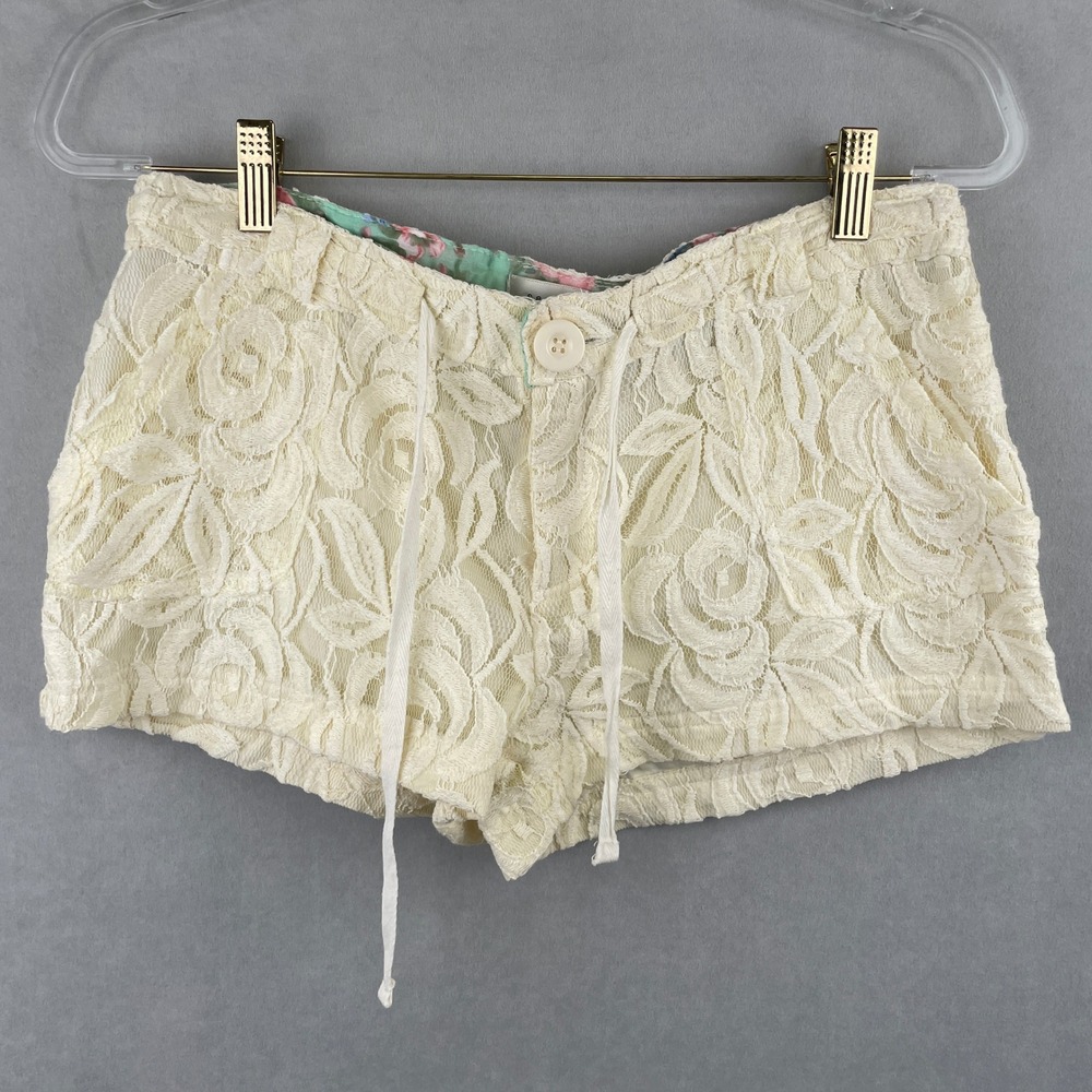 Sans Souci Cream Floral Lace Coquette Shorts Drawstring Elastic Waist ICP-101 L